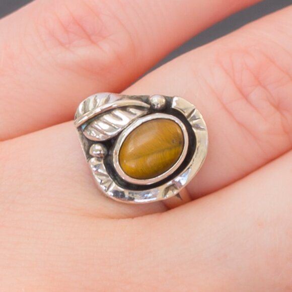 Vintage Mexico Sterling Tiger’s Eye Ring – Leaf & Bead Detail, Size 5.5 - Picture 7 of 8